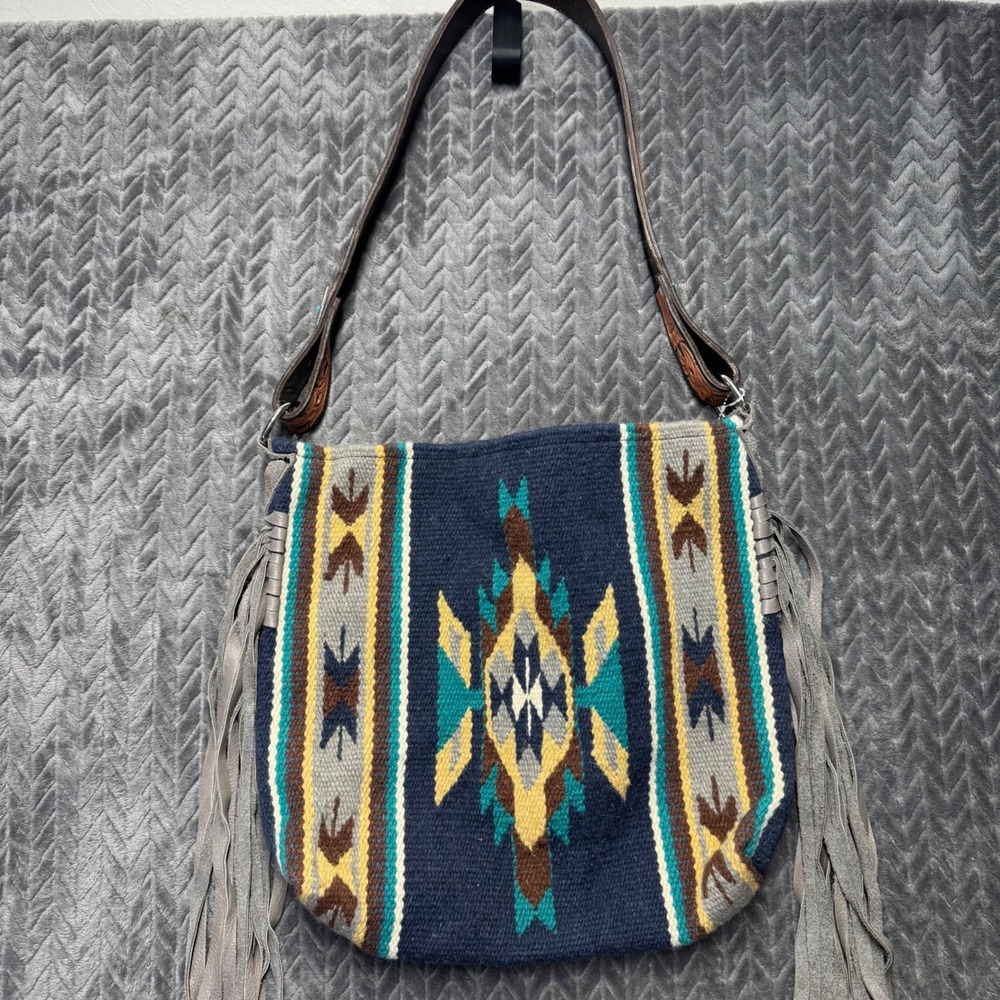 Handmade Southwestern Wool Fringe Blanket Crossbody Bag Tooled Leather Strap